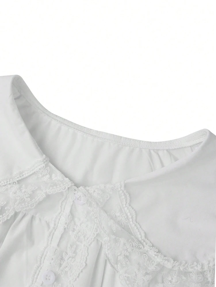 Women's Doll Collar Lace Trim Blouse, Loose Casual Long Sleeve Shirt, Sweet Ruffle Collar Top for Spring & Summer