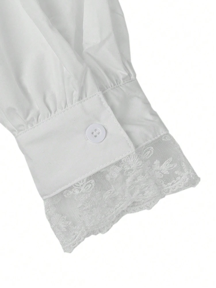 Women's Doll Collar Lace Trim Blouse, Loose Casual Long Sleeve Shirt, Sweet Ruffle Collar Top for Spring & Summer