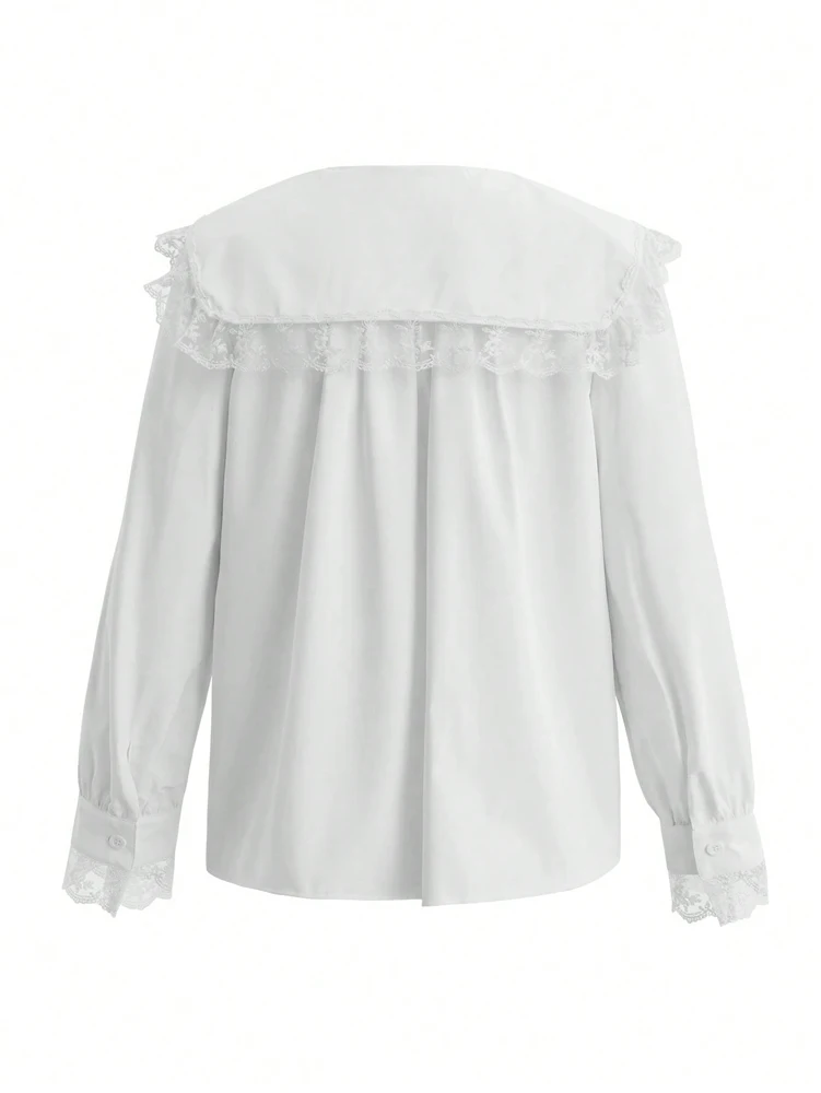 Women's Doll Collar Lace Trim Blouse, Loose Casual Long Sleeve Shirt, Sweet Ruffle Collar Top for Spring & Summer