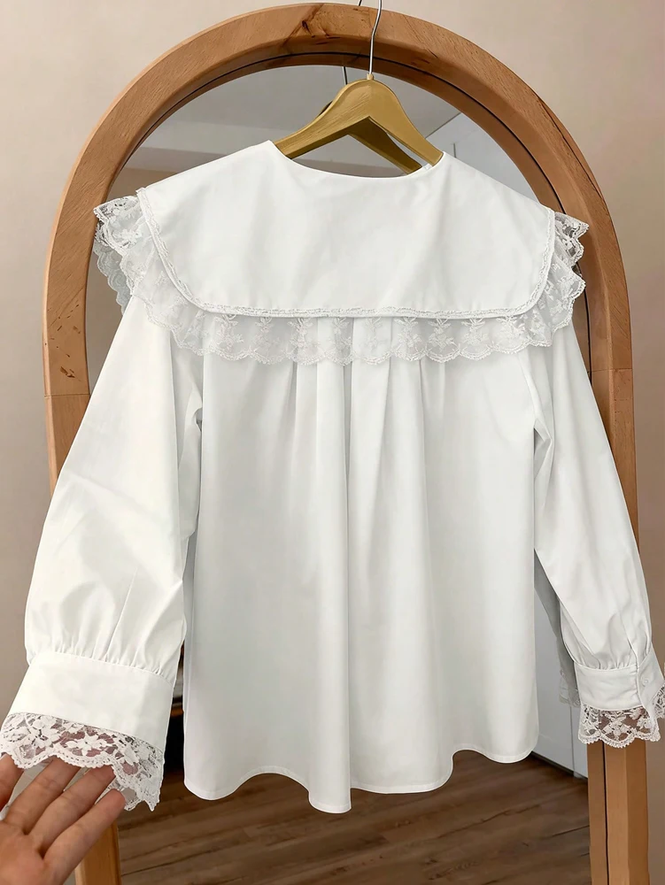 Women's Doll Collar Lace Trim Blouse, Loose Casual Long Sleeve Shirt, Sweet Ruffle Collar Top for Spring & Summer