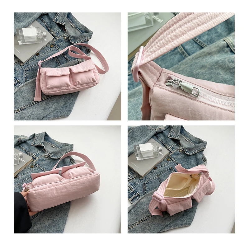 Women Casual Shoulder Bag Solid Color Simple Messenger Hobos Large Capacity Nylon Crossbody Zipper Closure for Party Vacation