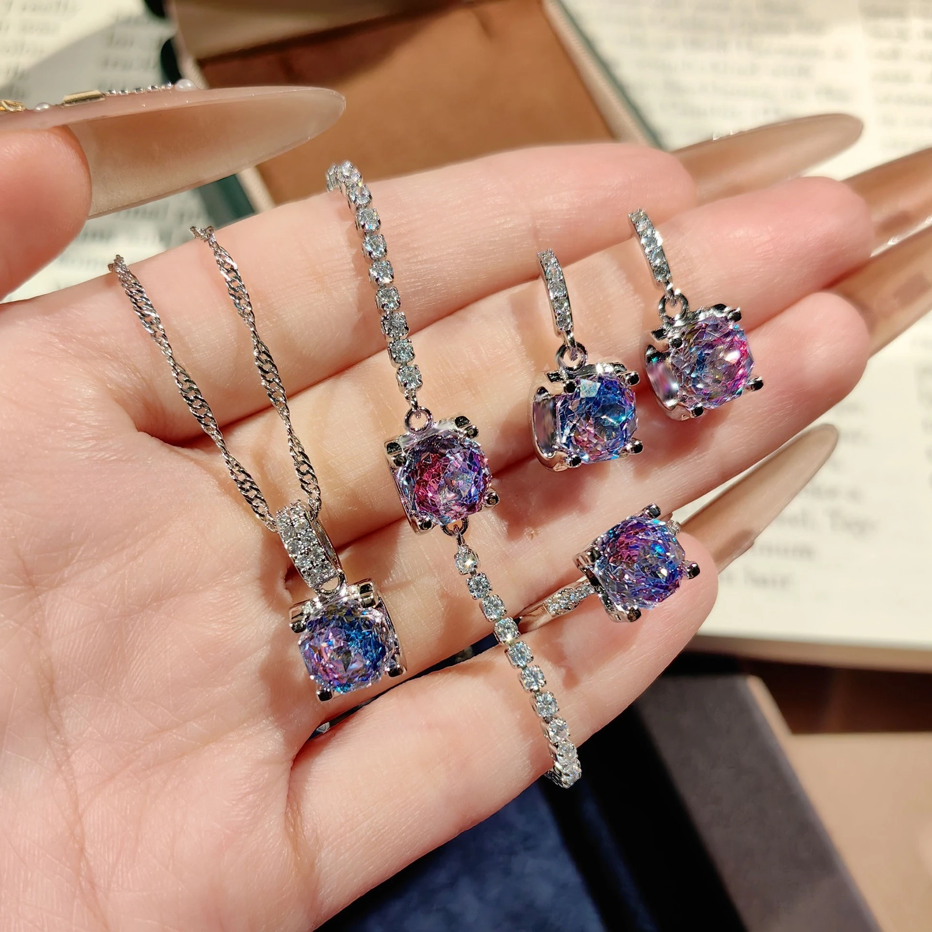 Classic 925 Sterling Silver Octagonal Rose Cut Pendant Necklace, Colorful Diamond Earrings, Pink Diamond Ring, Navy Blue Bracele