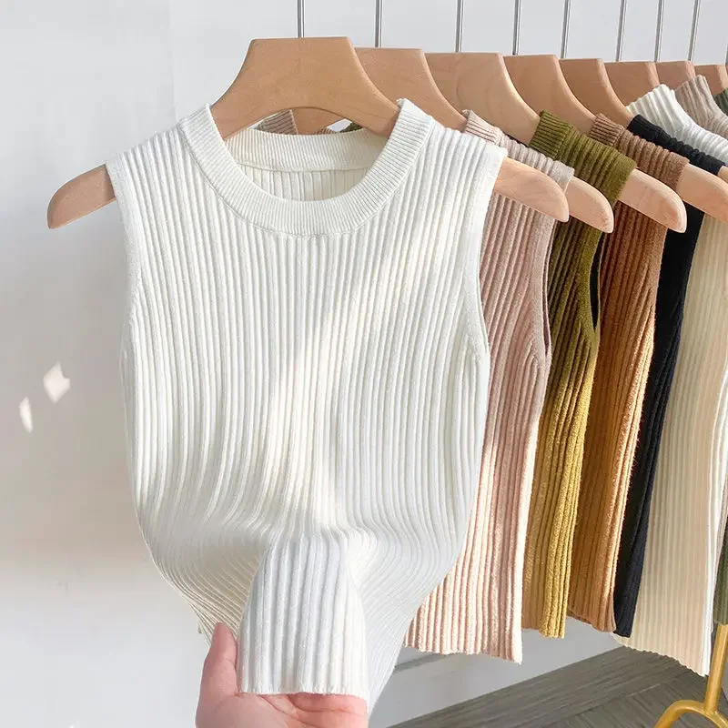 2026 Women Top Korea Knitted Vests O-neck Solid Tank Blusas Y2K Summer Fashion Female Sleeveless Casual Thin Tops