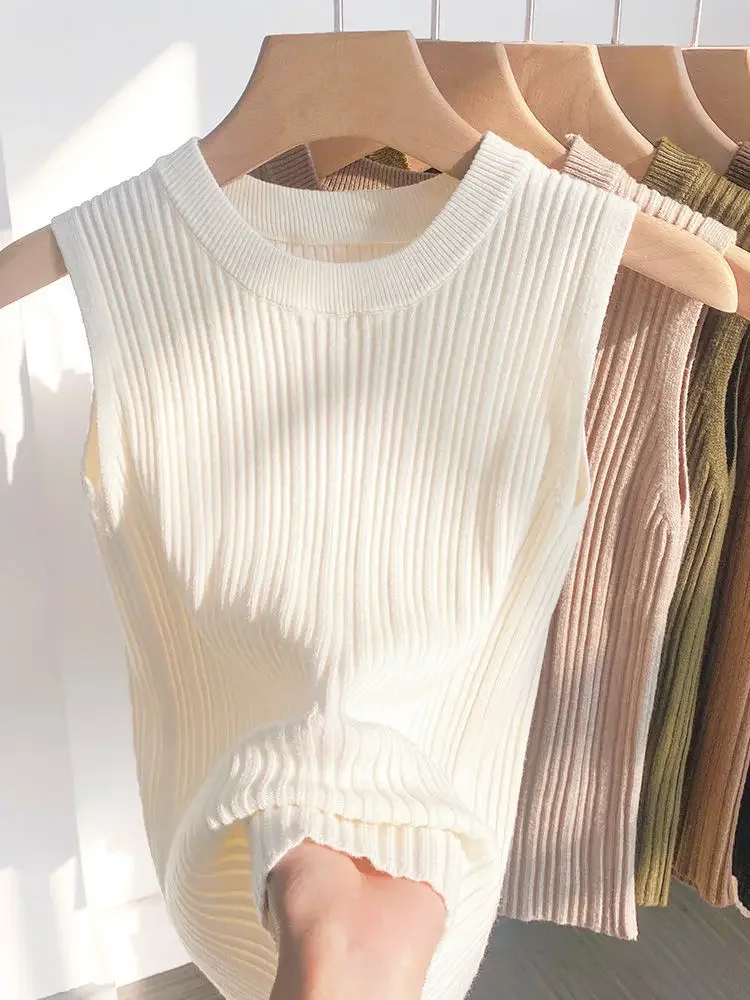 2026 Women Top Korea Knitted Vests O-neck Solid Tank Blusas Y2K Summer Fashion Female Sleeveless Casual Thin Tops