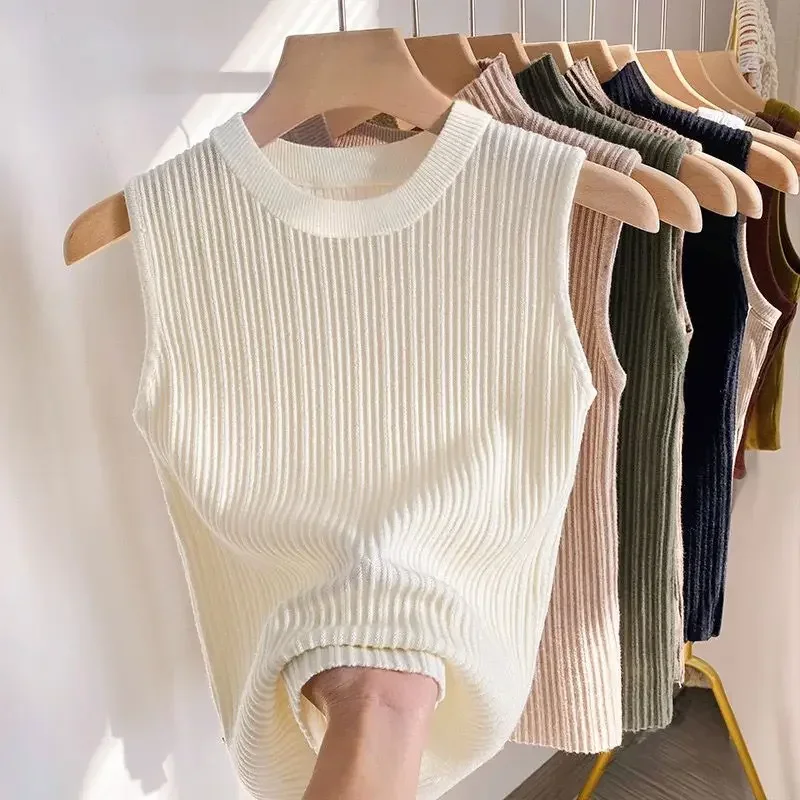 2026 Women Top Korea Knitted Vests O-neck Solid Tank Blusas Y2K Summer Fashion Female Sleeveless Casual Thin Tops