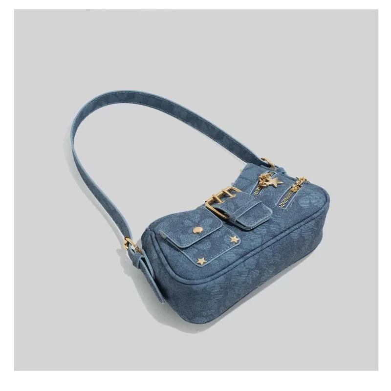 2026 New CEEKAY Denim Shoulder Bag, Y2K Style Hobo Bag with Belt Buckle Decor, Casual Underarm Bag for Women Trendy Denim Tote