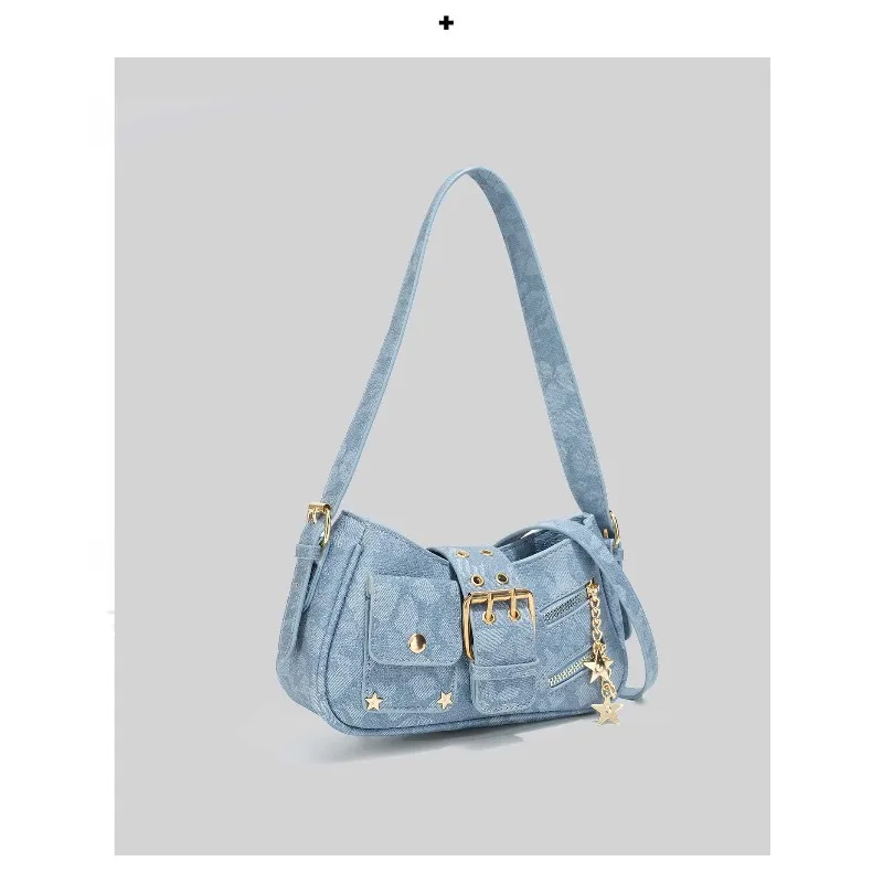 2026 New CEEKAY Denim Shoulder Bag, Y2K Style Hobo Bag with Belt Buckle Decor, Casual Underarm Bag for Women Trendy Denim Tote