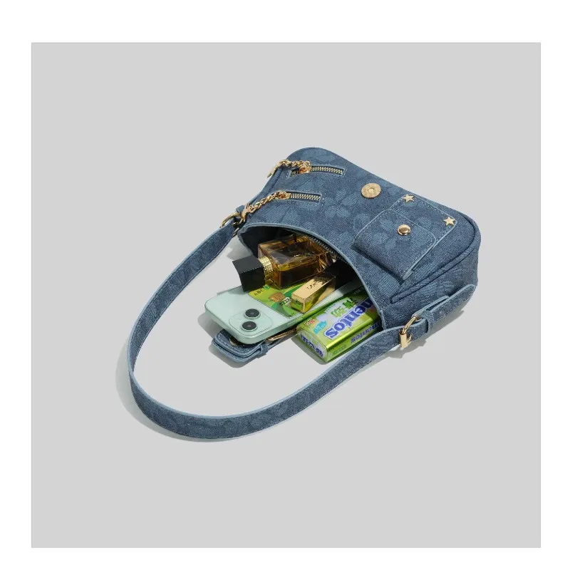 2026 New CEEKAY Denim Shoulder Bag, Y2K Style Hobo Bag with Belt Buckle Decor, Casual Underarm Bag for Women Trendy Denim Tote