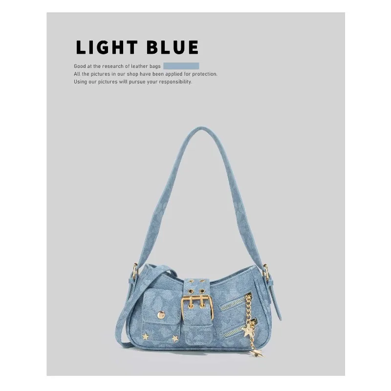2026 New CEEKAY Denim Shoulder Bag, Y2K Style Hobo Bag with Belt Buckle Decor, Casual Underarm Bag for Women Trendy Denim Tote