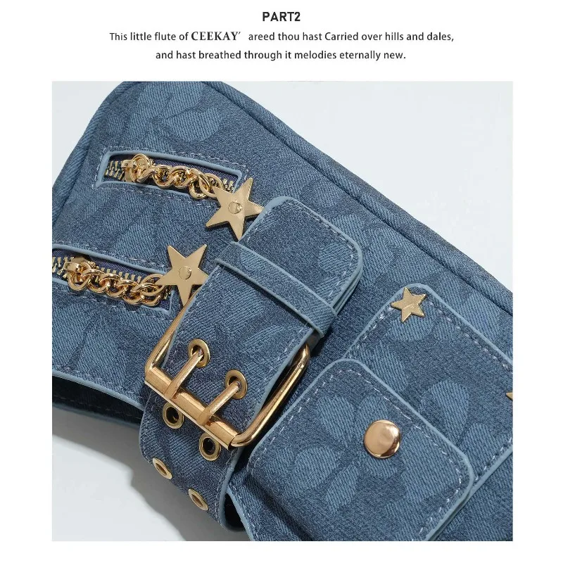 2026 New CEEKAY Denim Shoulder Bag, Y2K Style Hobo Bag with Belt Buckle Decor, Casual Underarm Bag for Women Trendy Denim Tote