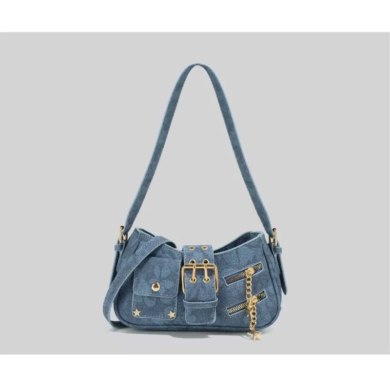 2026 New CEEKAY Denim Shoulder Bag, Y2K Style Hobo Bag with Belt Buckle Decor, Casual Underarm Bag for Women Trendy Denim Tote