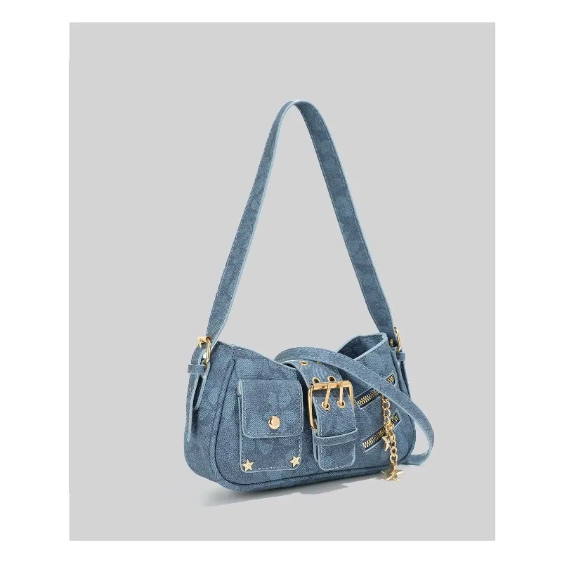 2026 New CEEKAY Denim Shoulder Bag, Y2K Style Hobo Bag with Belt Buckle Decor, Casual Underarm Bag for Women Trendy Denim Tote
