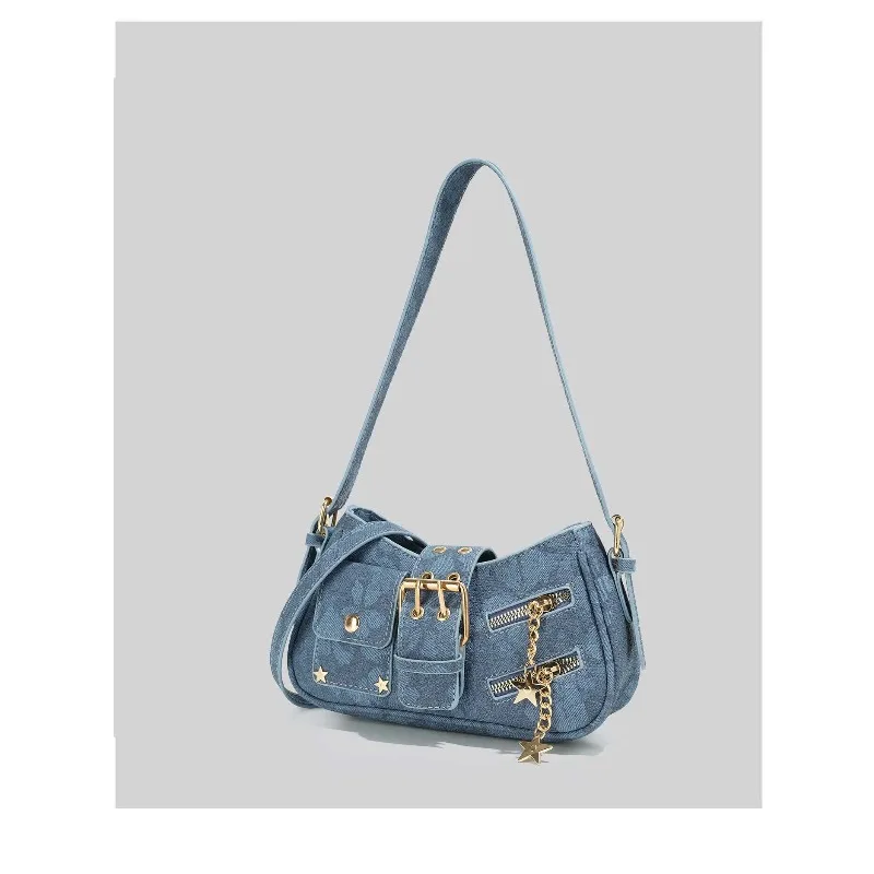 2026 New CEEKAY Denim Shoulder Bag, Y2K Style Hobo Bag with Belt Buckle Decor, Casual Underarm Bag for Women Trendy Denim Tote