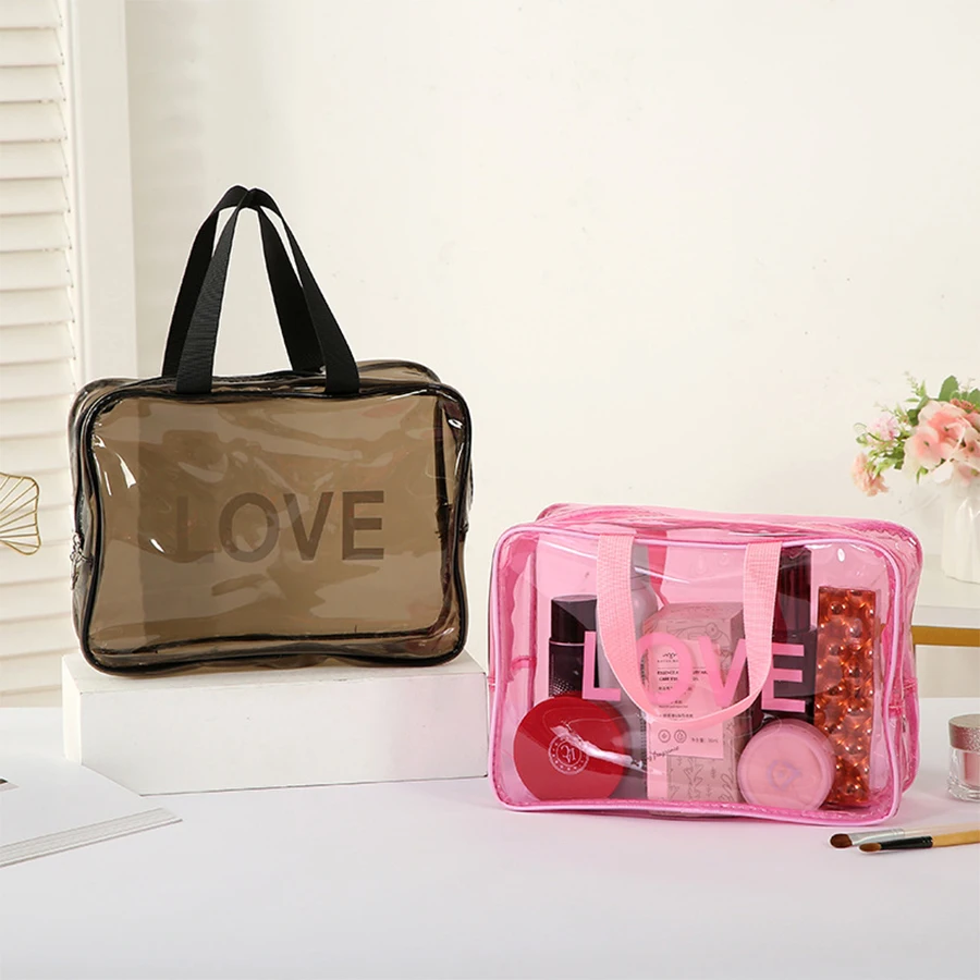 Printed makeup bag - LOVE pattern - Transparent storage organizer for toiletries - Travel-friendly storage bag