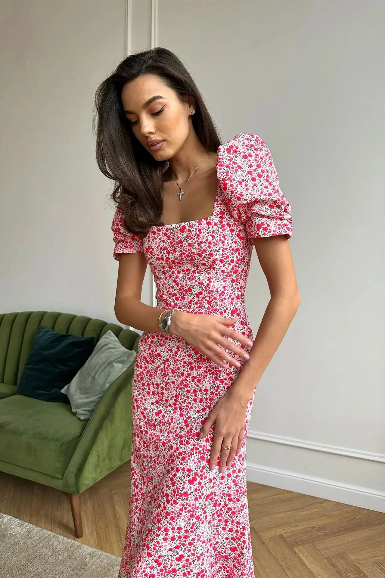 Casual Short Puff Sleeve Floral Print A-Line Dress 2026 Summer Korean Womens Midi Dress Elegant Flowy Dress Beach Y2k Clothing