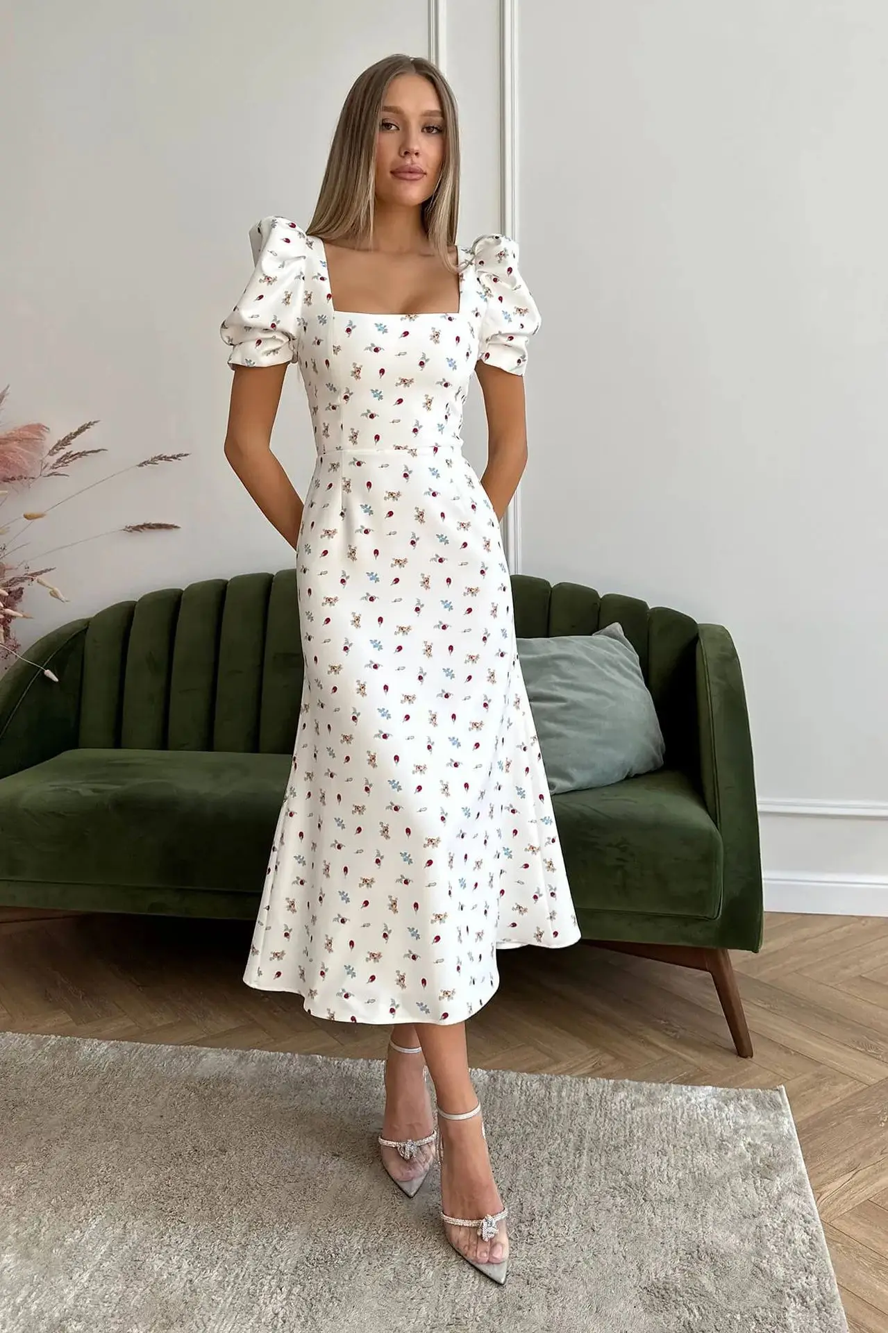 Casual Short Puff Sleeve Floral Print A-Line Dress 2026 Summer Korean Womens Midi Dress Elegant Flowy Dress Beach Y2k Clothing