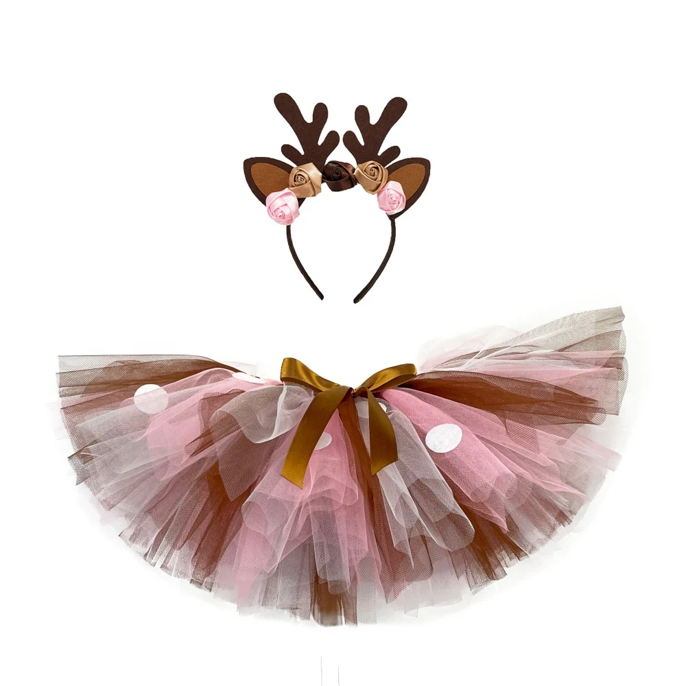 Cute Girls Deer Tutu Skirts Kids Tulle Pettiskirts with White Dots Hairbow Set Kid Halloween Reindeer Costumes Christmas Clothes