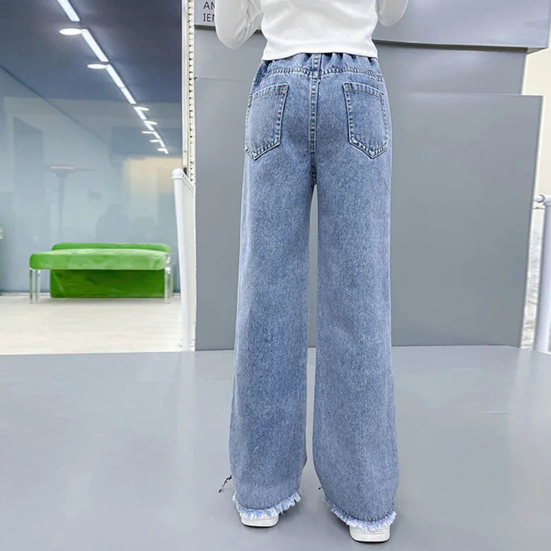 Girls Spring Jeans Children Wide-Leg Denim Pants Autumn Teenager Casual Loose Straight-Leg Trousers Kids Fashion Clothing