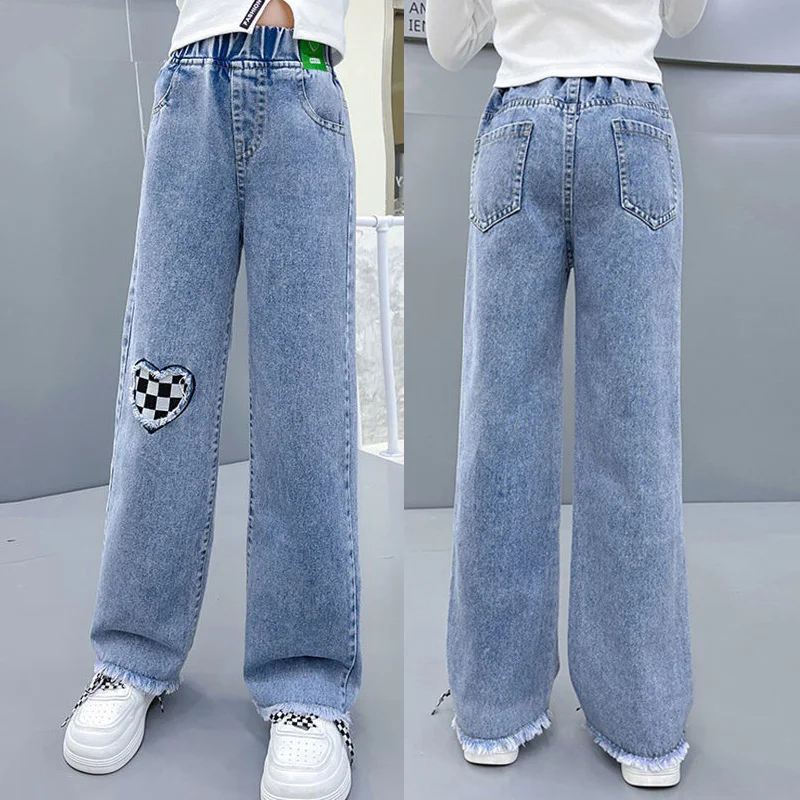 Girls Spring Jeans Children Wide-Leg Denim Pants Autumn Teenager Casual Loose Straight-Leg Trousers Kids Fashion Clothing