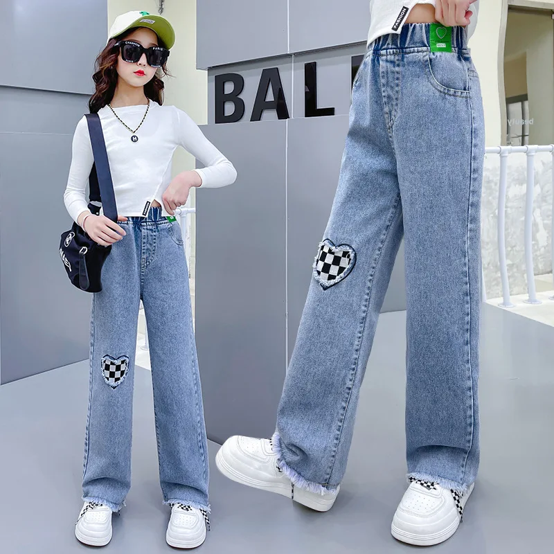 Girls Spring Jeans Children Wide-Leg Denim Pants Autumn Teenager Casual Loose Straight-Leg Trousers Kids Fashion Clothing