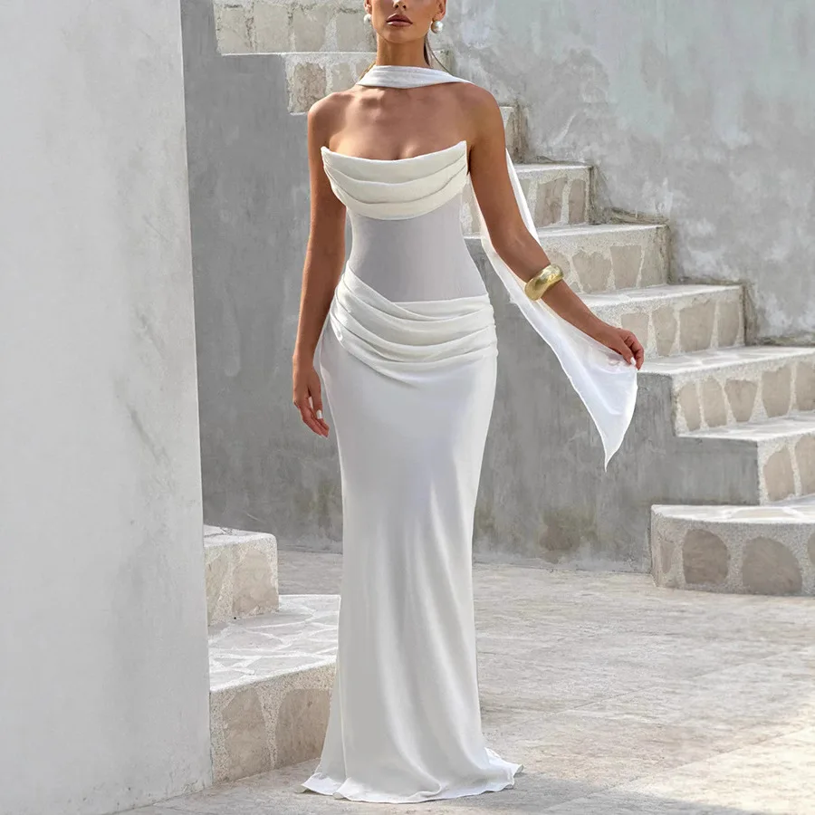 Summer New Style off-Neck Special-Interest Design Elegant Fashionable Solid Color Ribbon Pleated Dress for Women Banquet style
