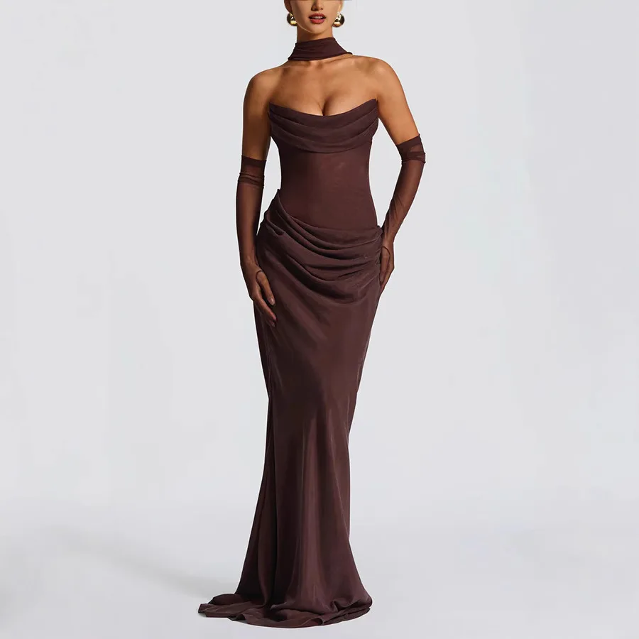 Summer New Style off-Neck Special-Interest Design Elegant Fashionable Solid Color Ribbon Pleated Dress for Women Banquet style
