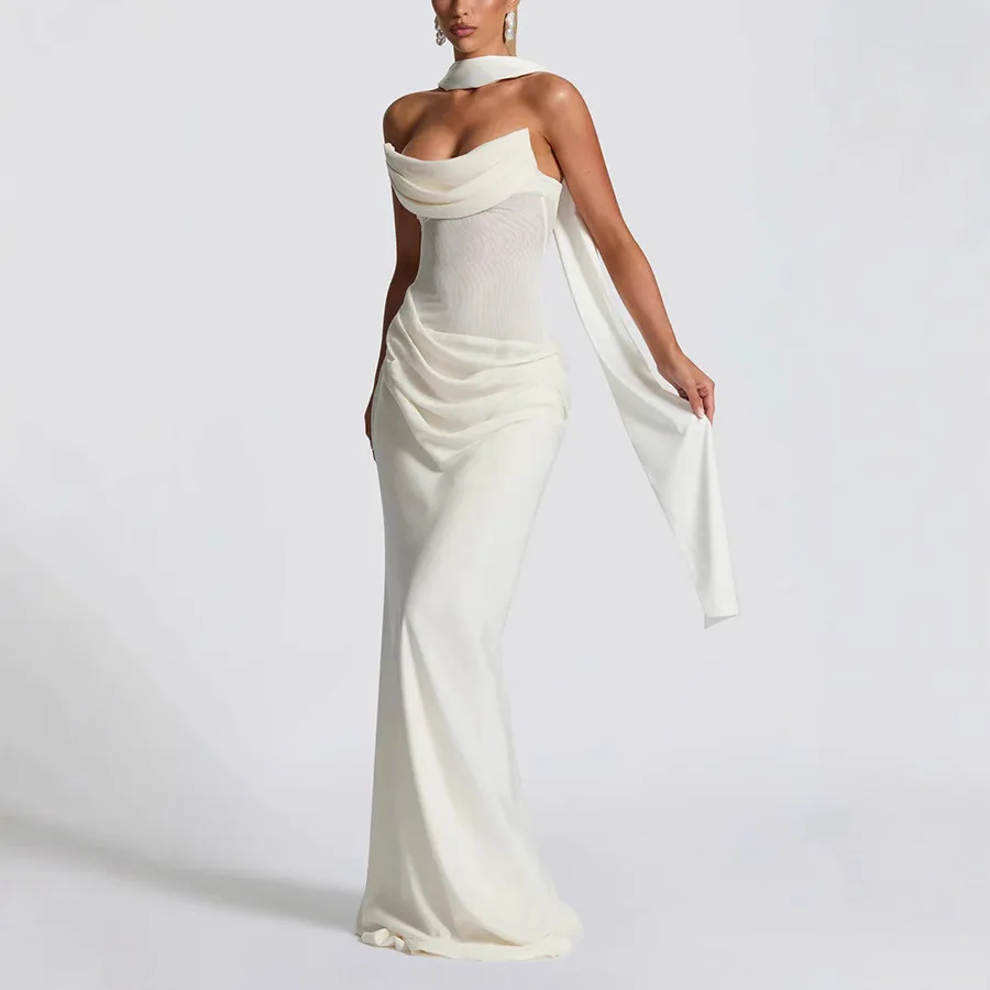 Summer New Style off-Neck Special-Interest Design Elegant Fashionable Solid Color Ribbon Pleated Dress for Women Banquet style