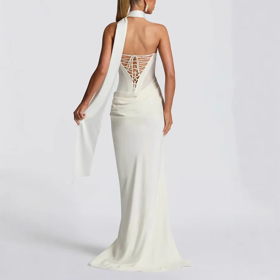 Summer New Style off-Neck Special-Interest Design Elegant Fashionable Solid Color Ribbon Pleated Dress for Women Banquet style