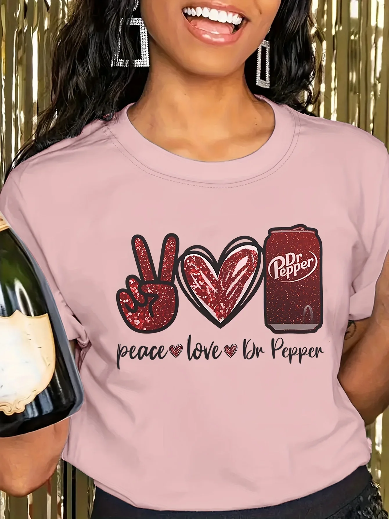 Women's Casual Round Neck T-Shirt with Peace Love Dr Pepper Print Short Sleeve Knit Regular Fit Graphic Tee for All Seasons