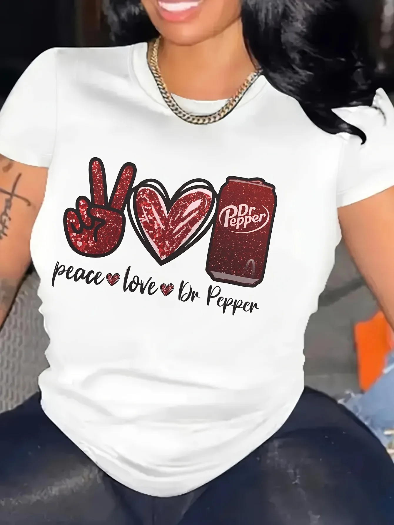 Women's Casual Round Neck T-Shirt with Peace Love Dr Pepper Print Short Sleeve Knit Regular Fit Graphic Tee for All Seasons