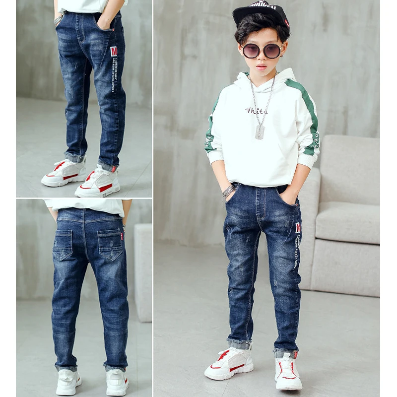 3-12 Years Spring Autumn Boys Jeans Letter M Slim Fit Style Casual Long Trousers For Kids Handsome Children Birthday Present