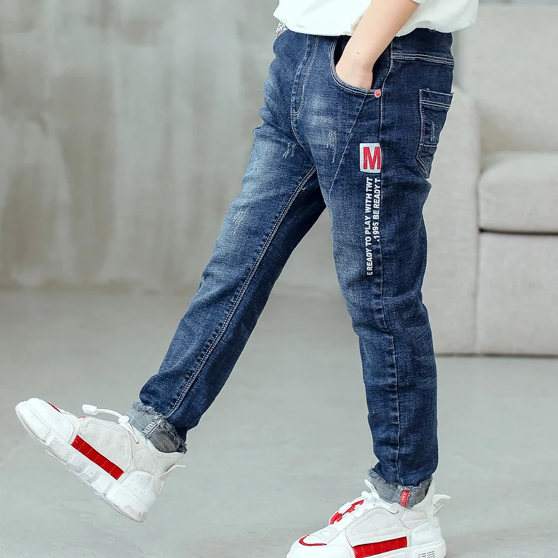 3-12 Years Spring Autumn Boys Jeans Letter M Slim Fit Style Casual Long Trousers For Kids Handsome Children Birthday Present