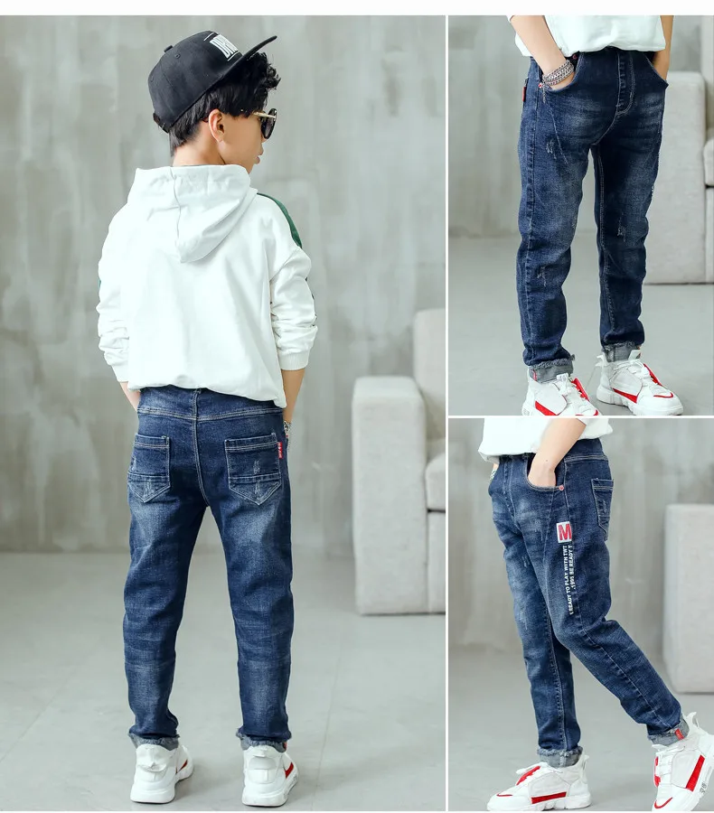 3-12 Years Spring Autumn Boys Jeans Letter M Slim Fit Style Casual Long Trousers For Kids Handsome Children Birthday Present