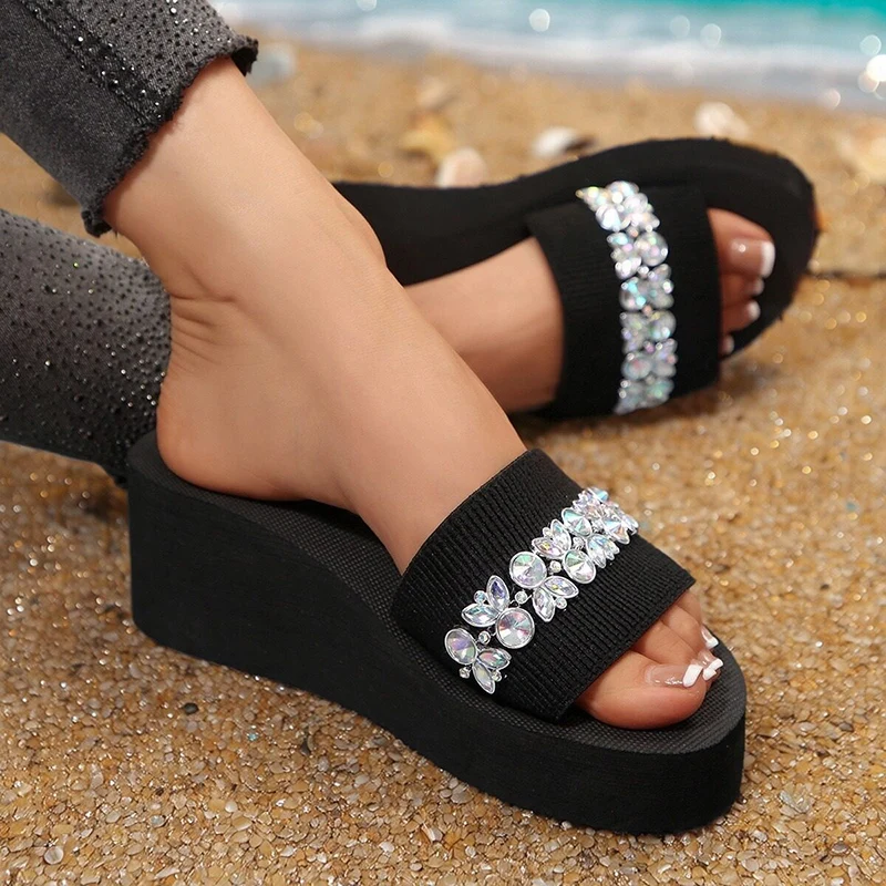 Luxury Rhinestone Platform Slippers Women Summer Lightweight Wedge Heels Sandals Woman Comfortable Thick Sole Slides Plus Size