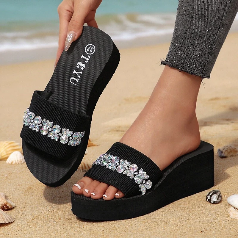 Luxury Rhinestone Platform Slippers Women Summer Lightweight Wedge Heels Sandals Woman Comfortable Thick Sole Slides Plus Size