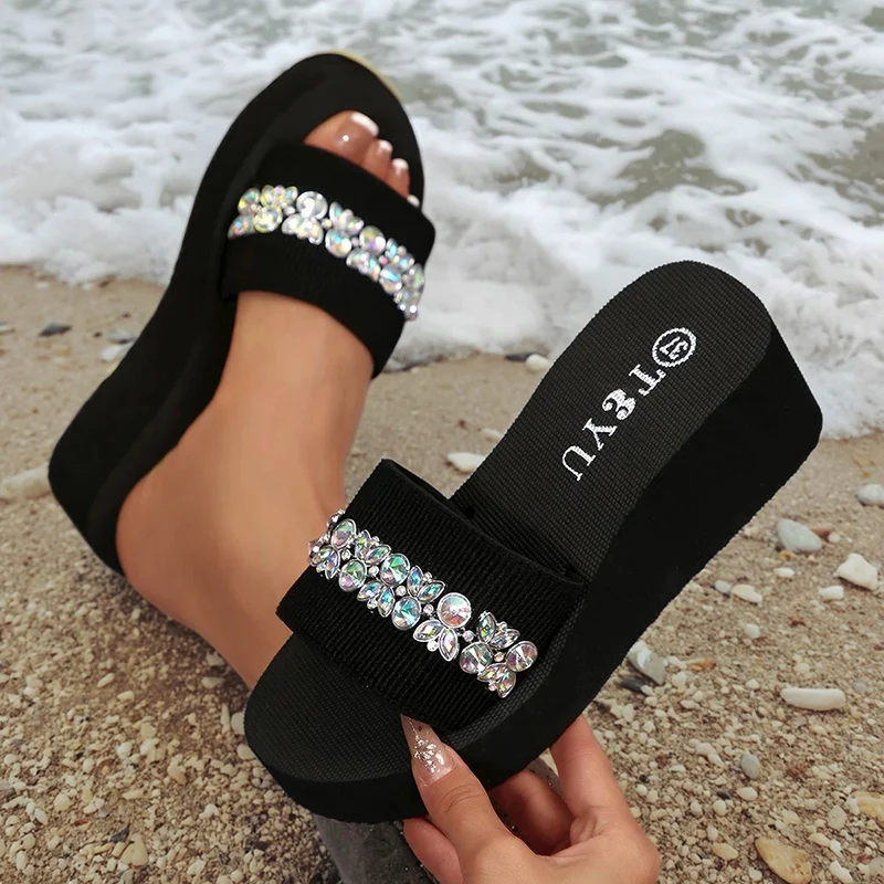 Luxury Rhinestone Platform Slippers Women Summer Lightweight Wedge Heels Sandals Woman Comfortable Thick Sole Slides Plus Size