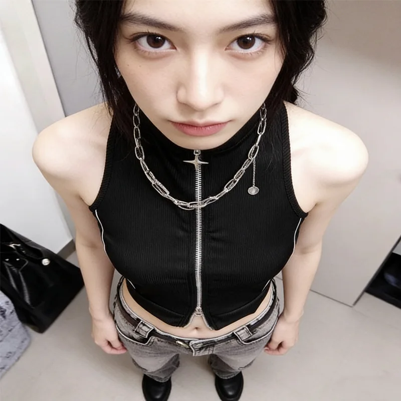 Spring and summer American street style retro lines dark spice girl short high-necked sleeveless slim zipper vest