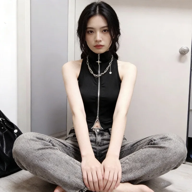 Spring and summer American street style retro lines dark spice girl short high-necked sleeveless slim zipper vest