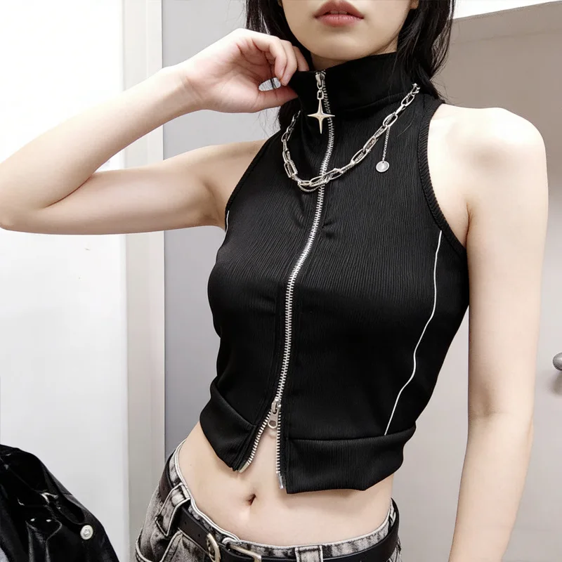 Spring and summer American street style retro lines dark spice girl short high-necked sleeveless slim zipper vest