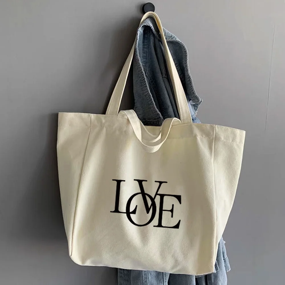 Canvas Shopping Bags New Text Series Women Casual Large Capacity Ins Tote Bag Cute Shopper Bag Simple Korean Style Shoulder Bag