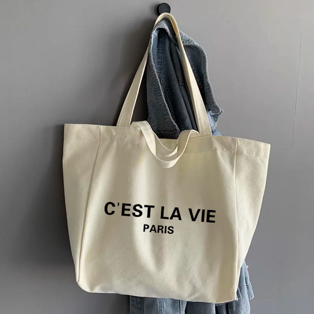 Canvas Shopping Bags New Text Series Women Casual Large Capacity Ins Tote Bag Cute Shopper Bag Simple Korean Style Shoulder Bag