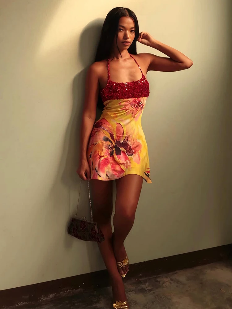 Kliou Shiny Sequins Mini Dress Woman Summer Trend Flower Print Halter Low-Neck Backless Vacation Beach Party Elegant Bodycon