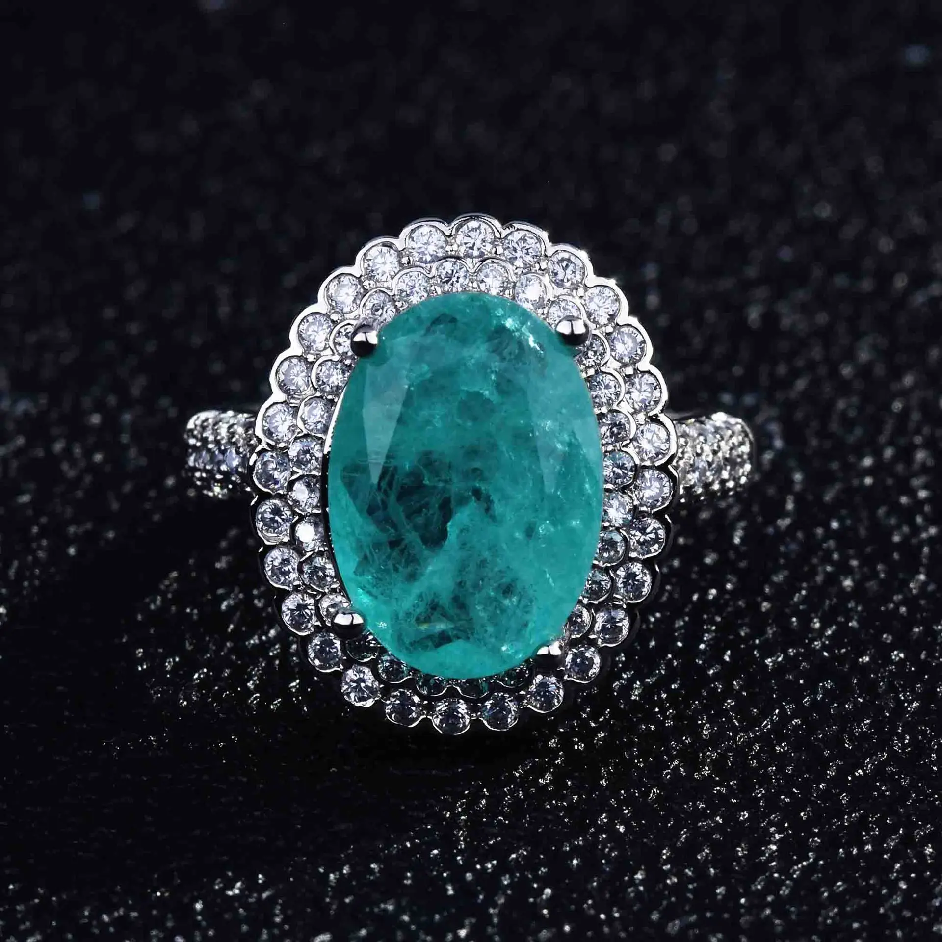 Luxurious Geometric-Shaped Paraiba Tourmaline Gemstone Ring for Ladies Micro-Set Diamond Silver Version Jewelry