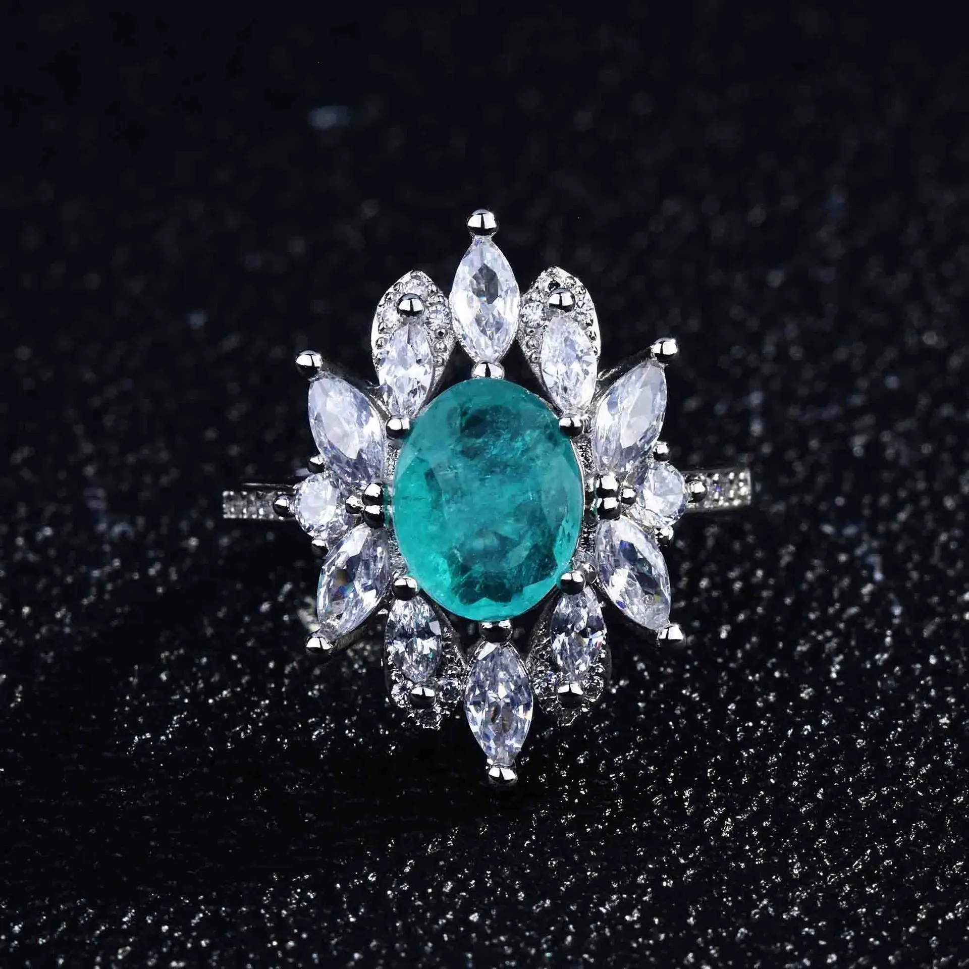 Luxurious Geometric-Shaped Paraiba Tourmaline Gemstone Ring for Ladies Micro-Set Diamond Silver Version Jewelry
