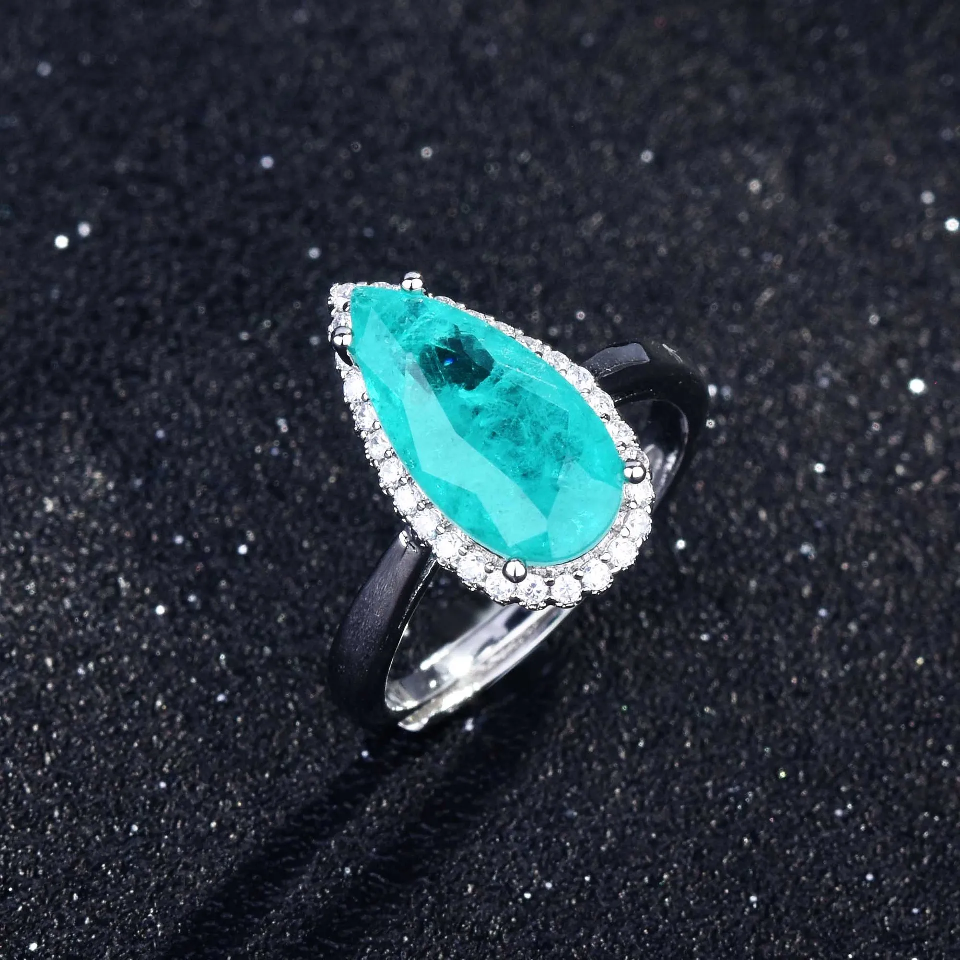 Luxurious Geometric-Shaped Paraiba Tourmaline Gemstone Ring for Ladies Micro-Set Diamond Silver Version Jewelry