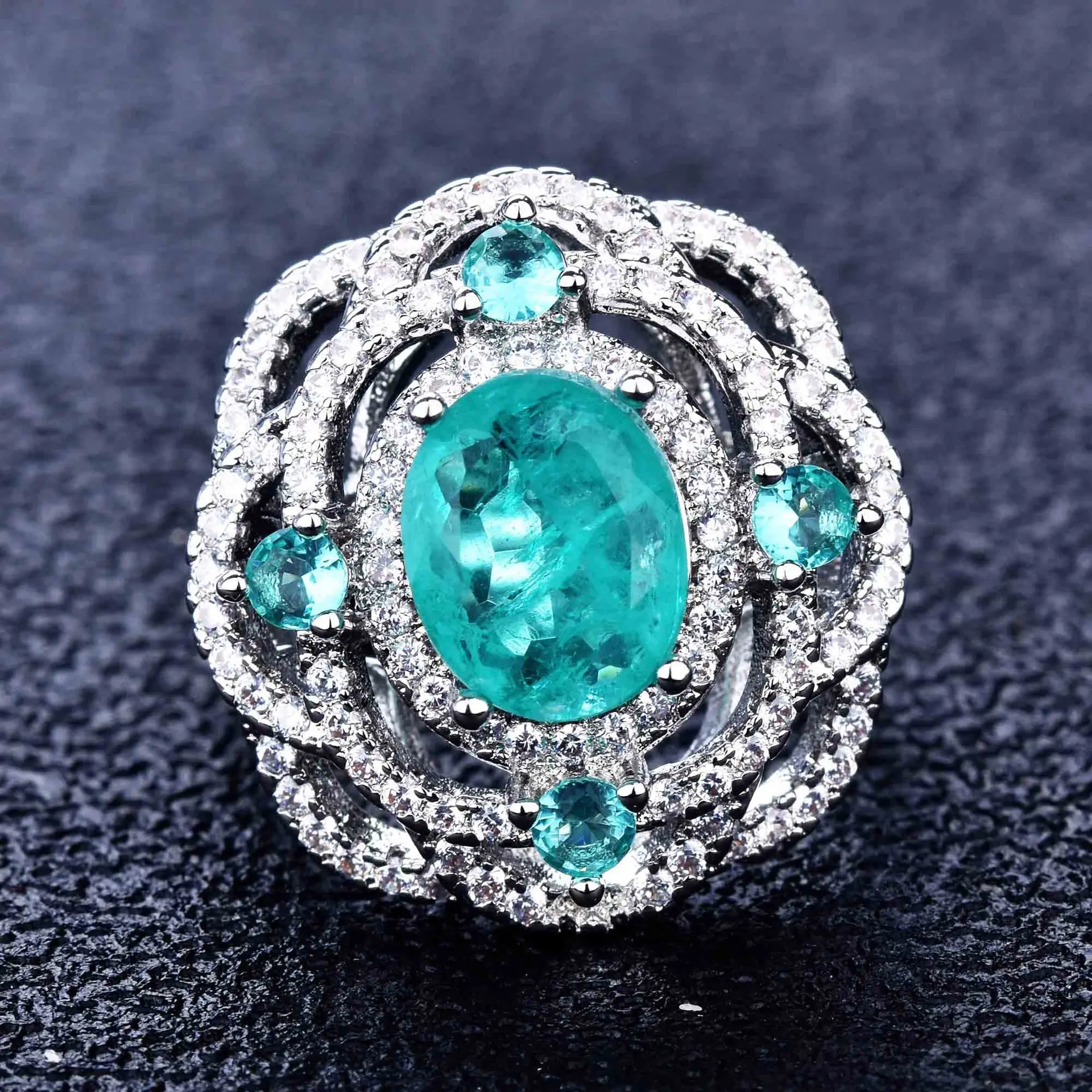 Luxurious Geometric-Shaped Paraiba Tourmaline Gemstone Ring for Ladies Micro-Set Diamond Silver Version Jewelry