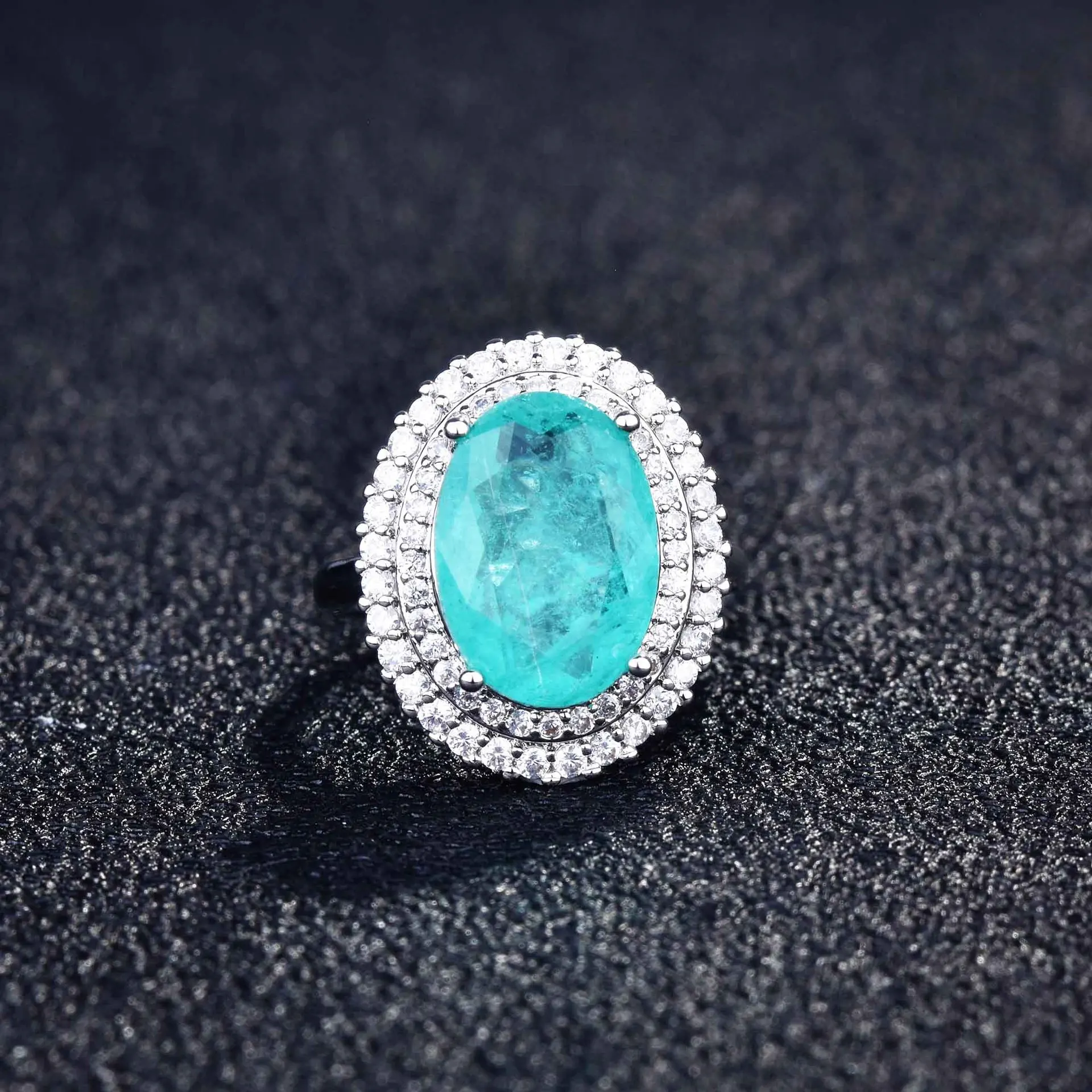 Luxurious Geometric-Shaped Paraiba Tourmaline Gemstone Ring for Ladies Micro-Set Diamond Silver Version Jewelry