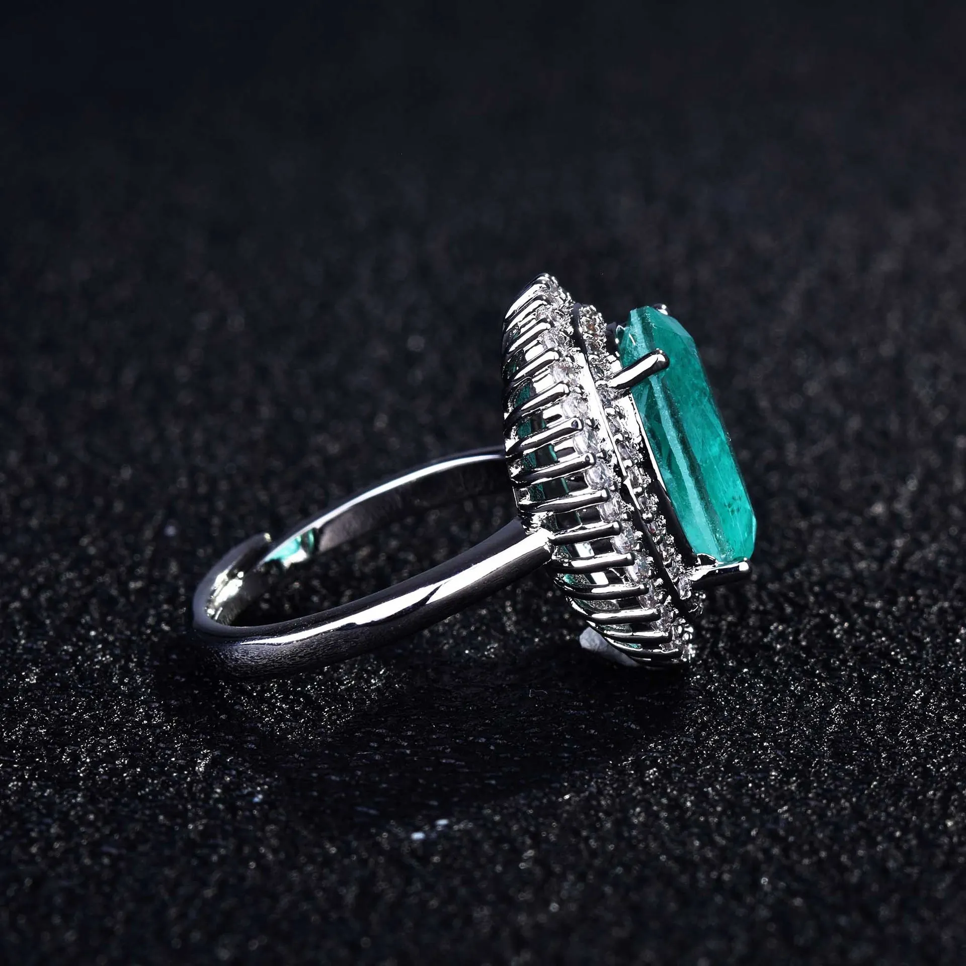 Luxurious Geometric-Shaped Paraiba Tourmaline Gemstone Ring for Ladies Micro-Set Diamond Silver Version Jewelry