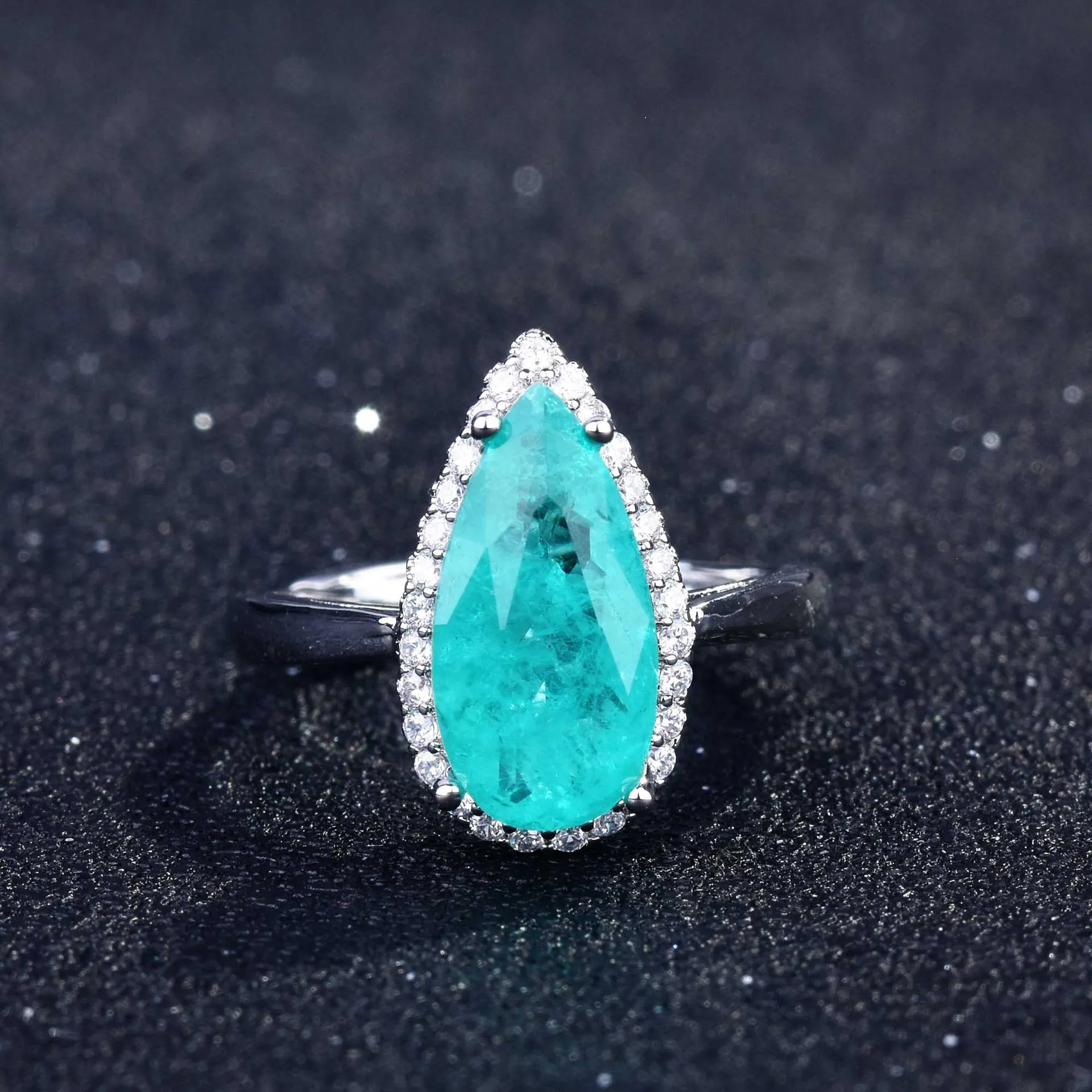 Luxurious Geometric-Shaped Paraiba Tourmaline Gemstone Ring for Ladies Micro-Set Diamond Silver Version Jewelry