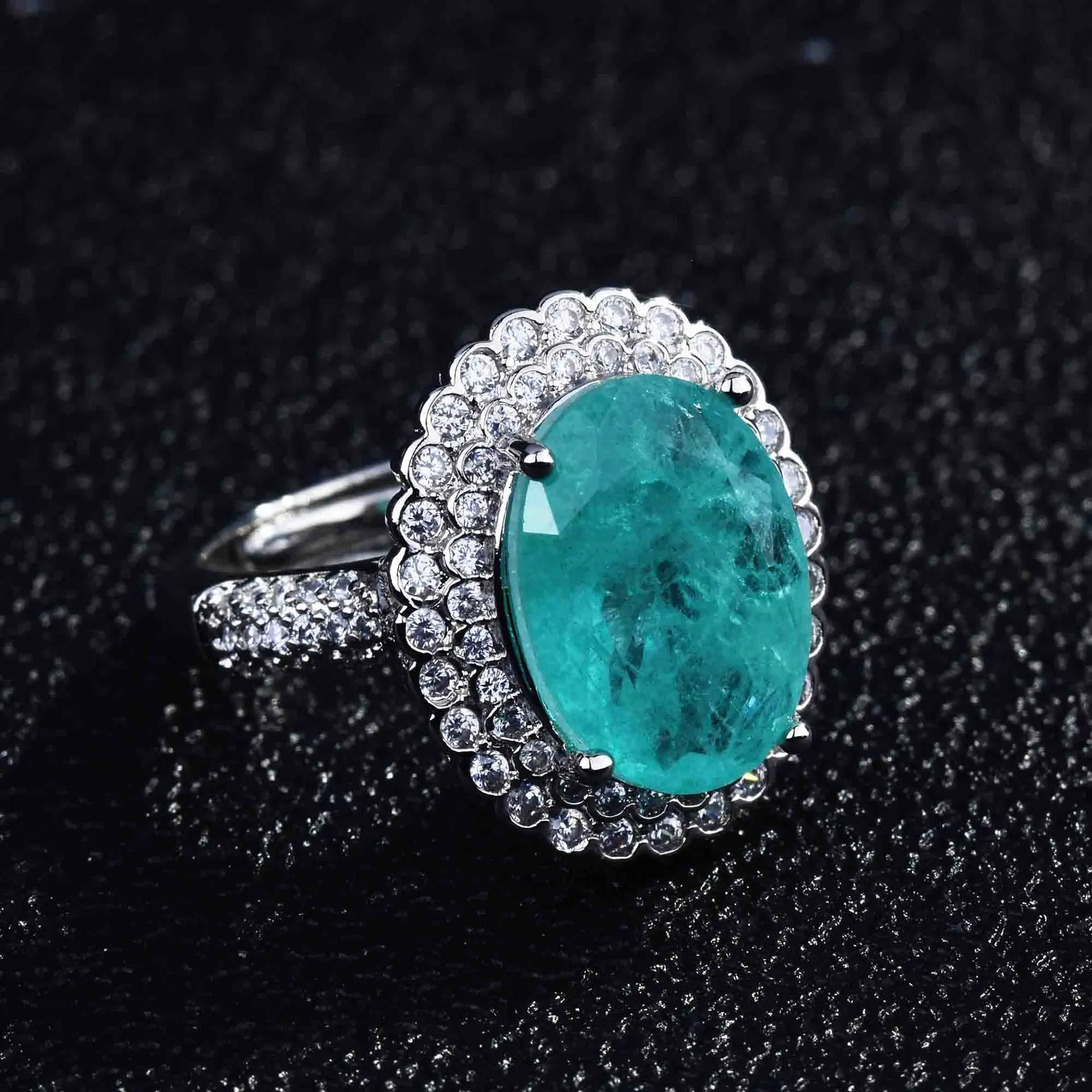 Luxurious Geometric-Shaped Paraiba Tourmaline Gemstone Ring for Ladies Micro-Set Diamond Silver Version Jewelry